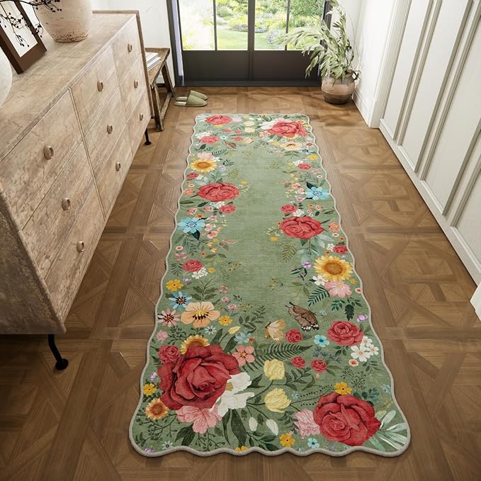 Kitchen Rug Runners for Hallways: 2'6''x8' Washable Runner Rugs for Kitchen Ultra Thin Stain Resistant Non Slip Low Pile Lightweight Vintage Floral Carpet for Laundry Room Decor (Green)