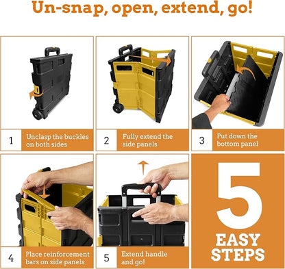 Inspired Living Ultra-Slim Rolling Collapsible Storage Pack-N-Roll Utility-carts, with Telescopic Handle, for Home, Garden, Shopping, Office, School use, Medium, Yellow & Black