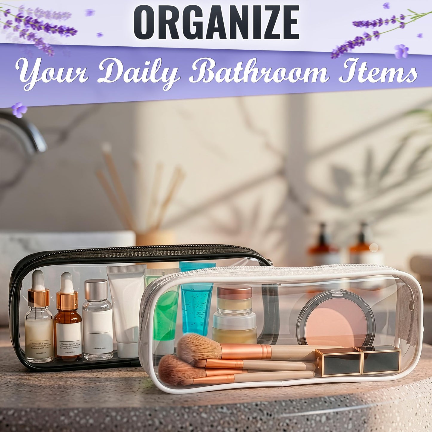 Small Makeup Bag for Purse 7.78" x 3.15" x 1.37" – 2 Pcs Clear Makeup Bags with Zipper – Waterproof Plastic Cosmetic Pouch, Compact Storage for Travel, Daily Organization, and On-the-Go Essentials