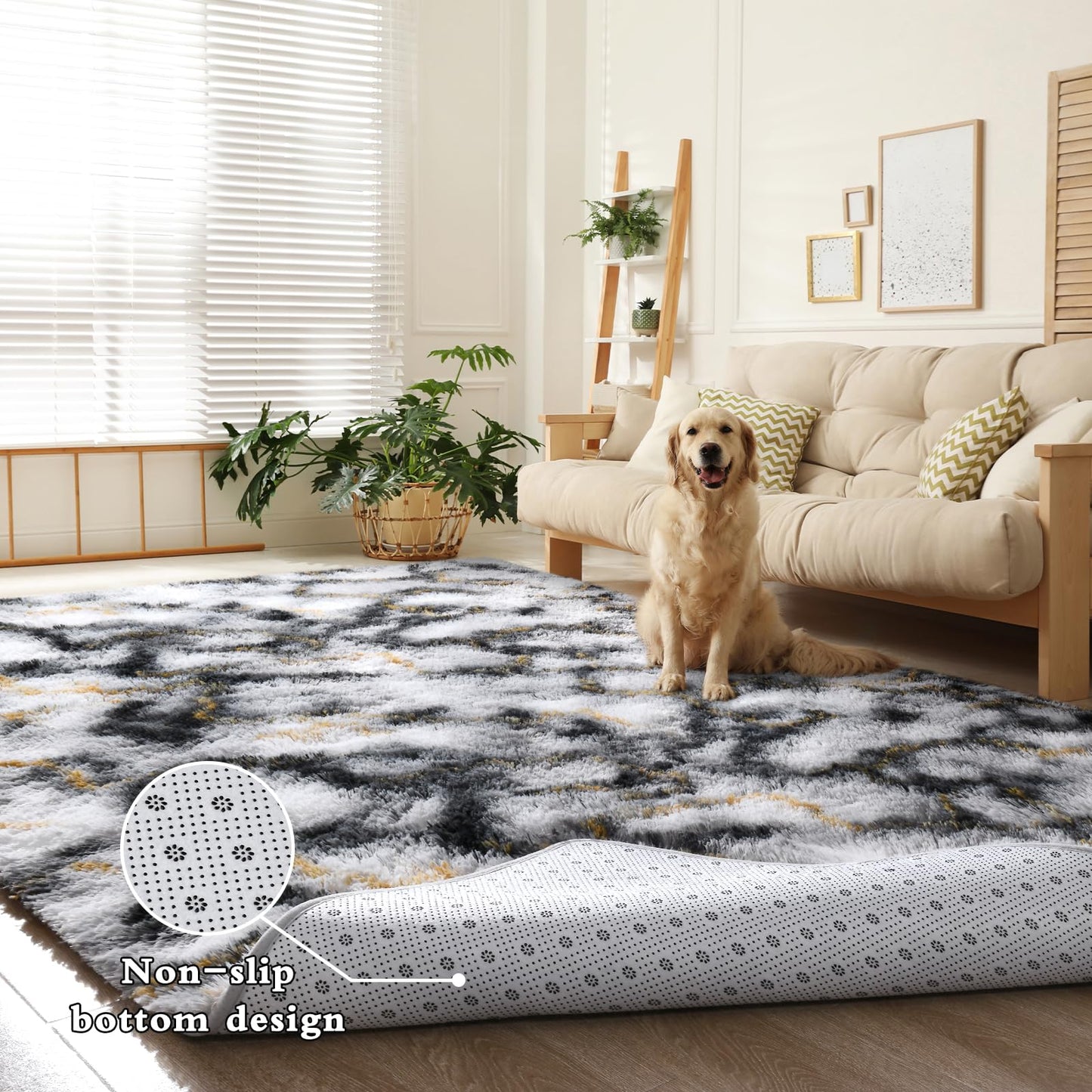 DweIke Fluffy Black White Gold Rugs for Bedroom Living Room, 4x6 Feet Soft Plush Shaggy Tie-Dyed Girls Boys Kids Rug, Upgraded Non-Slip and Machine Washable Carpet for Dorm Nursery Classroom Decor