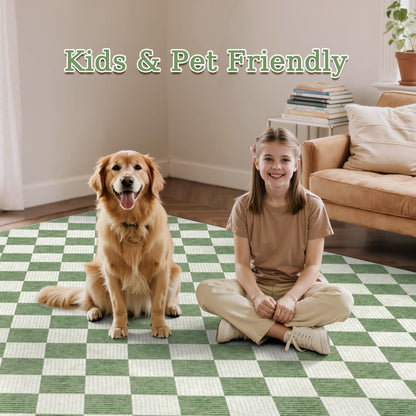 Kiginara Washable Green Checkered Rug 5x7, Non-Slip Low Pile Area Rug for Living Room, Bedroom, Nursery, Modern Neutral Farmhouse Diamond Carpet, Pet & Kid Friendly