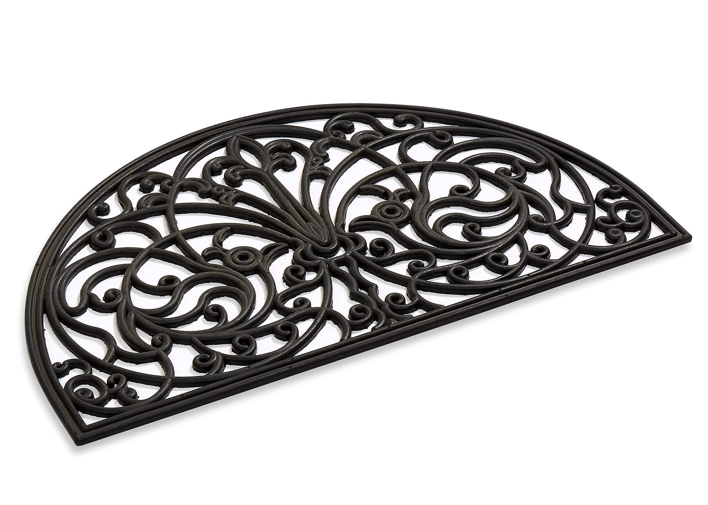 Kempf Rubber Scroll Doormat Half Moon Mat, Indoor Outdoor Entrance Mat, Low Clearance, Functional and Easy to Clean, Wrought Iron Scroll Design
