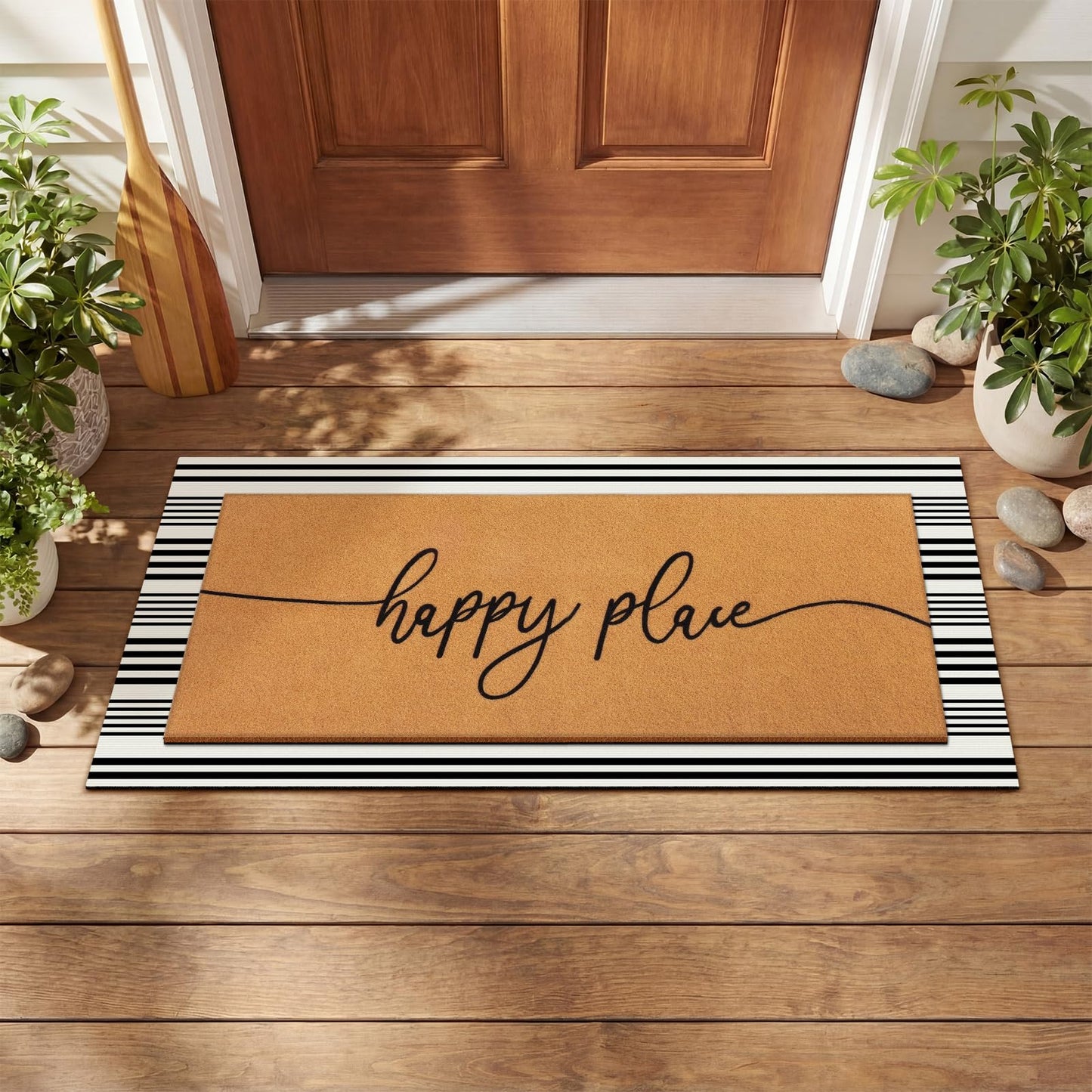 Tinideya 2 Pcs Summer Door Mat 17"x47" Happy Place Welcome Non Slip Coir Mats Large Floor Layering Black White Stripes Doormats Seasonal for Front Porch Entryway Decor