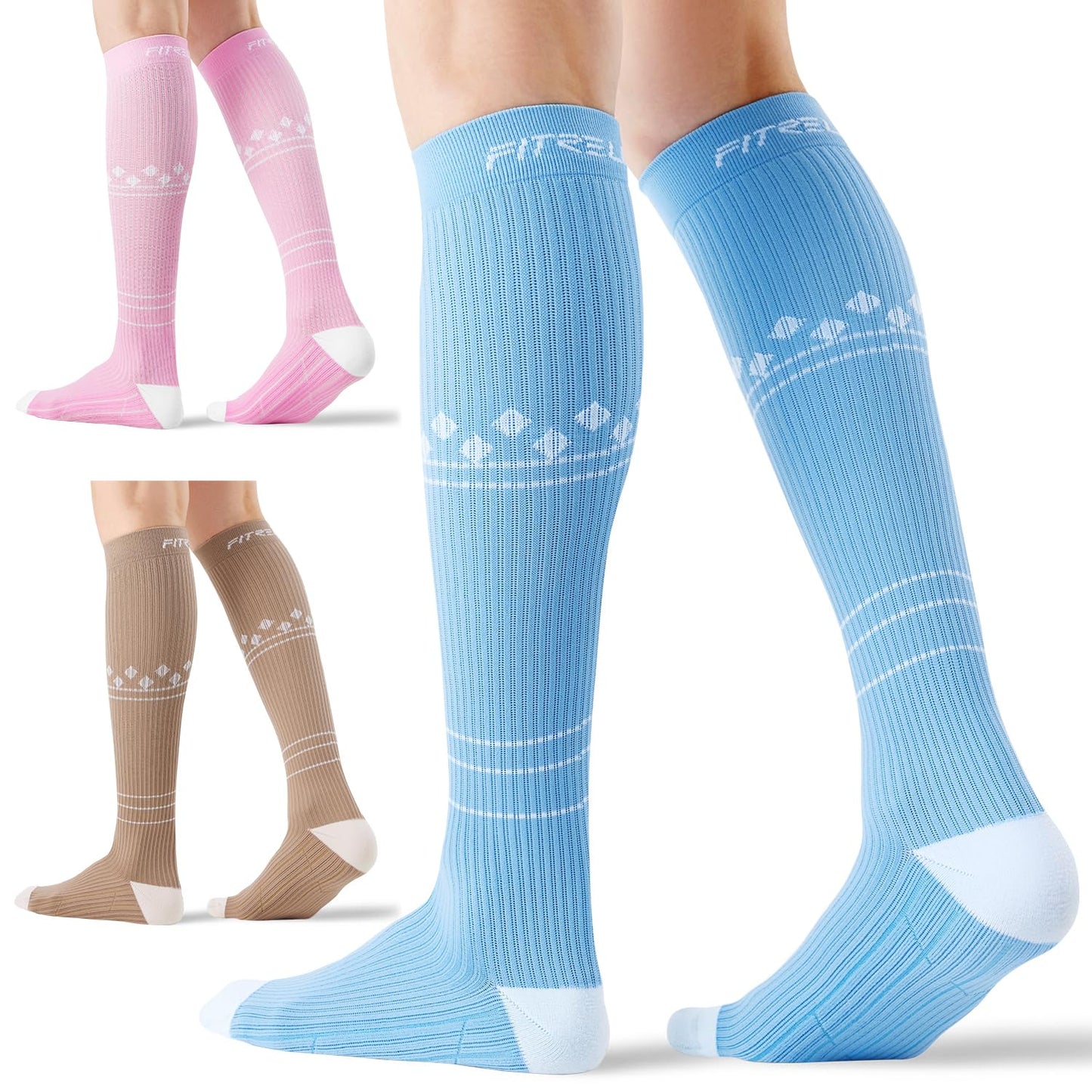 FITRELL 3 Pairs Compression Socks for Women and Men 20-30mmHg - Support for Travel, Running, Nurse, Knee High, Neopolitan S/M