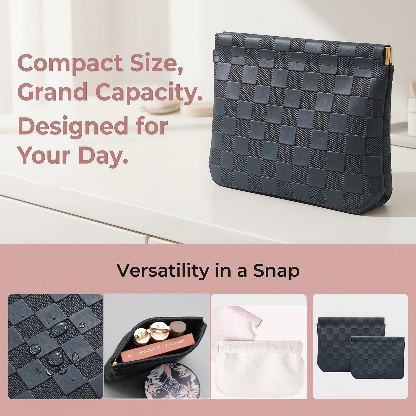 lomkya Checkered Makeup Bag Set Black 2 Pieces Leather Pocket Cosmetic Bag for Purse Waterproof Small Makeup Pouch for Purse Aesthetic Accessories Small Makeup Bag for Women inside Coin Purse