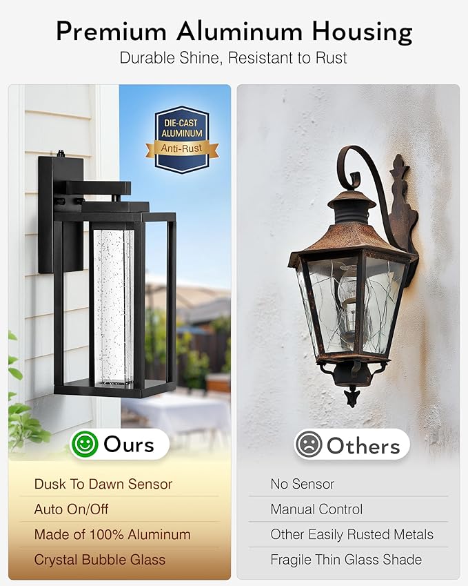 VIANIS Large Exterior Lighting Fixtures Wall Mount for House, Black Dusk to Dawn Porch Lights Outdoor with Integrated 10W LED Light Source Crystal Bubble Glass, 2 Packs Outdoor Wall Sconces Lantern