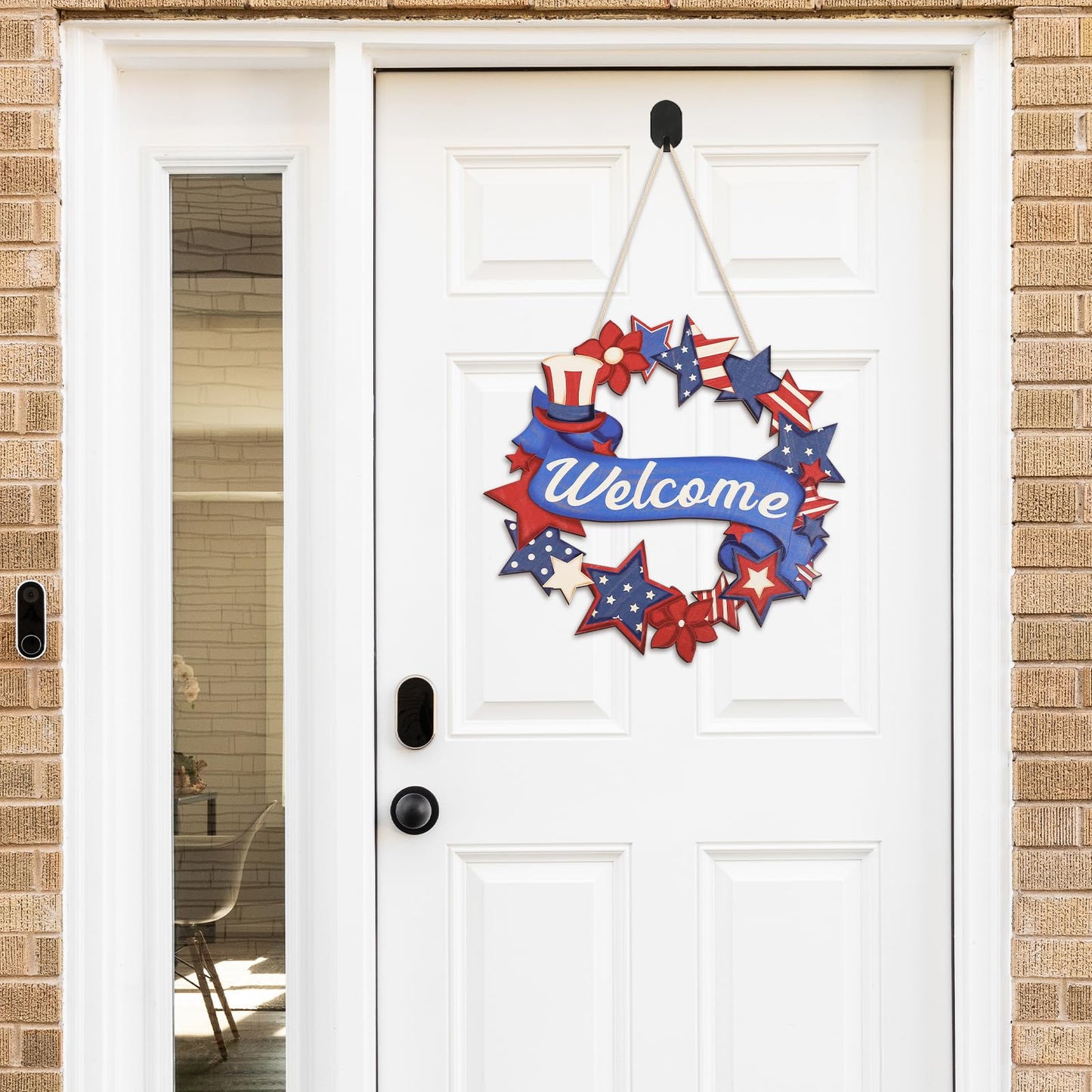 4th of July Decorations Wooden Welcome Sign, Wooden American Flag Star Wreath, Outdoor Wall Hanging for Front Porch, Veterans Day Home Decor (4th of July)