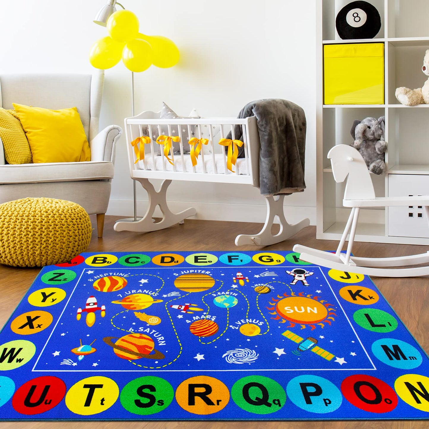 Capslpad ABC Alphabet Kids Rug Outer Space Educational Learning Area Rug 5'0" x 6'6" Non Slip Solar System Galaxy Planets Play Rug Carpet for Children