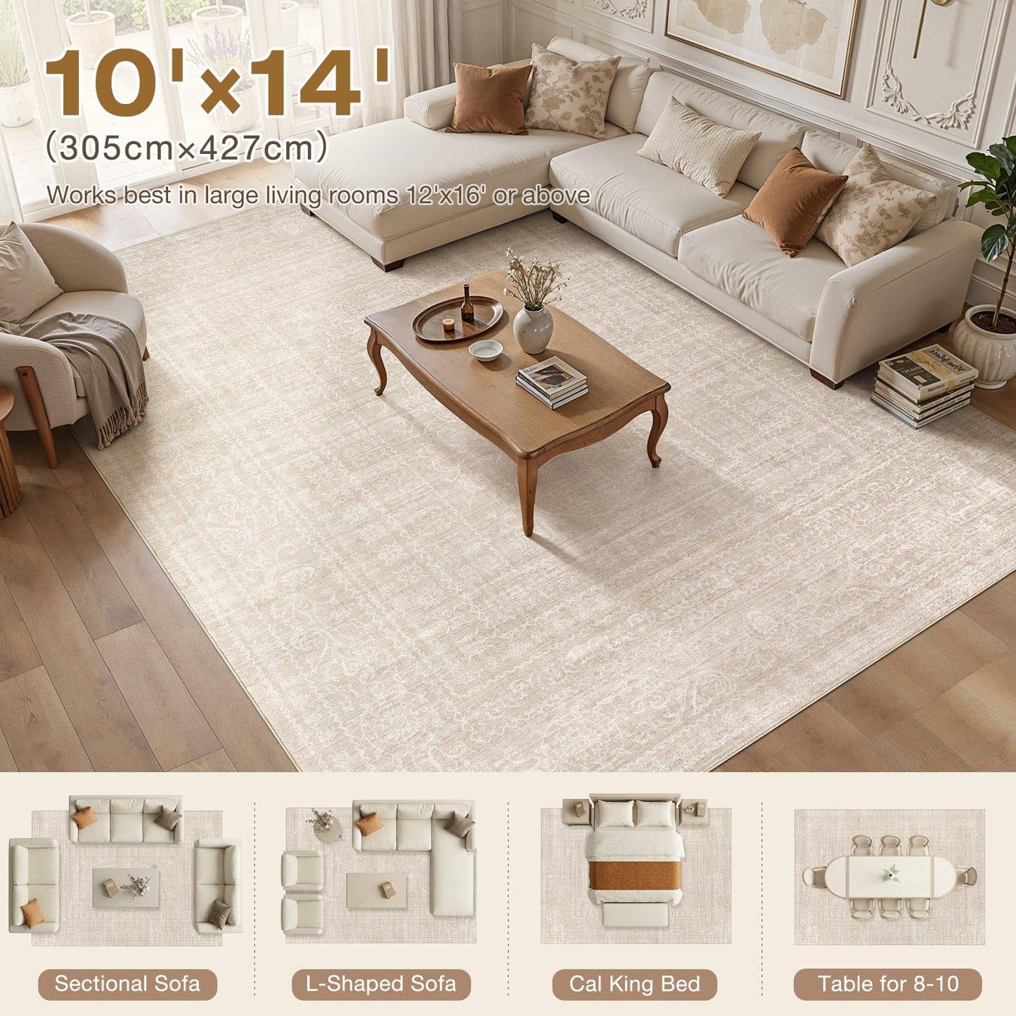 Nakagishi 10x14 Area Rugs Living Room: Washable Large Vintage Rug Neutral Non-Slip Soft Stain Resistant Indoor Carpet for Bedroom Nursery Dining Room Office Playroom - Beige