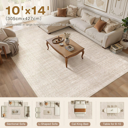 Nakagishi 10x14 Area Rugs Living Room: Washable Large Vintage Rug Neutral Non-Slip Soft Stain Resistant Indoor Carpet for Bedroom Nursery Dining Room Office Playroom - Beige