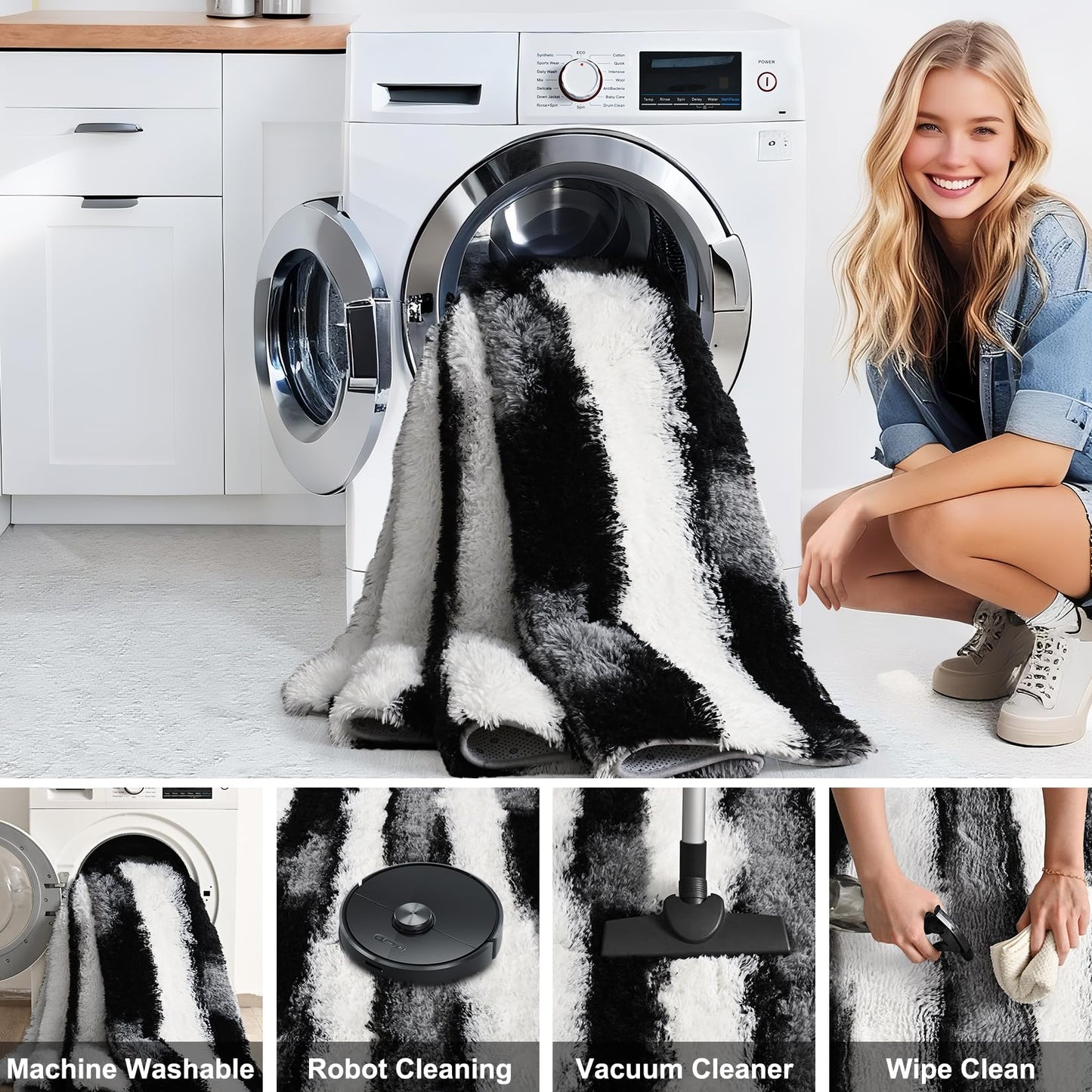 Woottpe Black and White Rugs for Living Room Bedroom, 4x6 Fluffy Soft Plush Area Rugs with Non-Slip Backing, Modern Striped Shag Fuzzy Carpets for Kids Playroom Nursery Dorms Home Decor