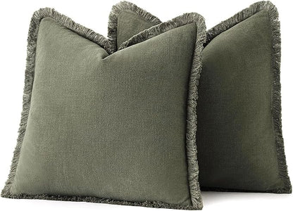 MIULEE Decorative Throw Pillow Covers Neutral Linen Fringe Throw Pillows Set of 2 Olive Green Boho Farmhouse Cushion Covers with Tassels for Couch Sofa Bed Living Room Spring Home Decor 18x18 Inch
