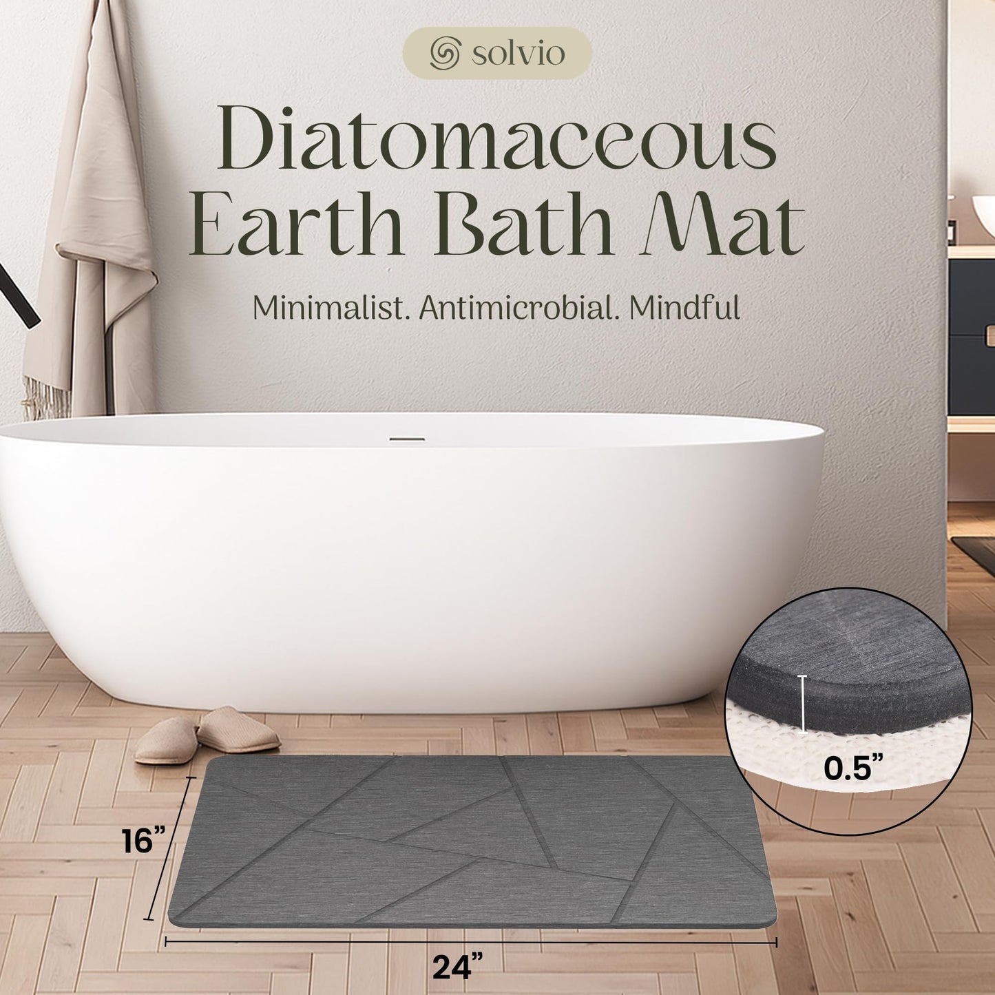 Solvio Quick Dry Shower Stone Bath Mat, Super Absorbent & Non-Slip 24 x 16 Inch Diatomaceous Earth Mat, Durable & Easy to Clean Diatomite Bath Mat for Bathroom Floor/Kitchen (River Silt)
