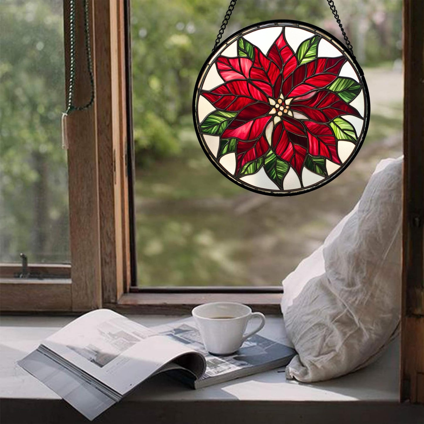 CRISGIF Stained Glass Window Hanging - Red Poinsettia Birth Flower Suncatcher for Door Garden Yard Sun Catchers Decor Christmas Mother's Day Birthday Gifts for Women Mom Nana Friend Men 11.8 in