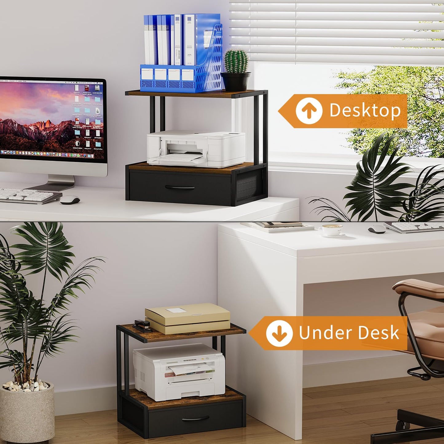 VYUOL Printer Stand with Storage for Desk, with Fabric Drawer Desktop Printer Stand Shelf Organzier for Home Office, for Above and Under Desk Printer Table, Fax Machine Copier Scanner, Brown