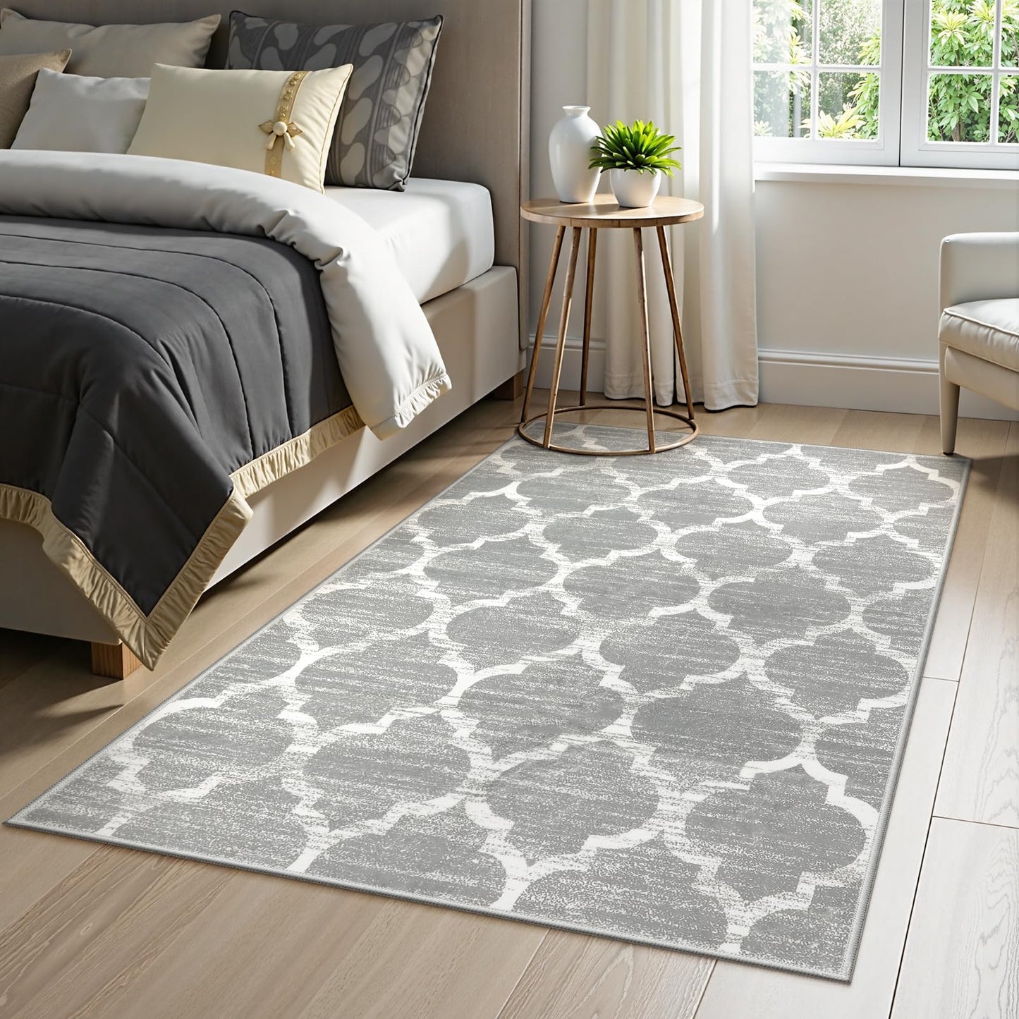 Lahome Moroccan Bedroom Rug - 3’x5’ Area Throw Washable Rugs Small Non-Slip Accent Distressed Floor Carpet for Door Mat Entryway Living Room Kitchen Laundry Dorm Decor Meline (3’ X 5’, Gray)