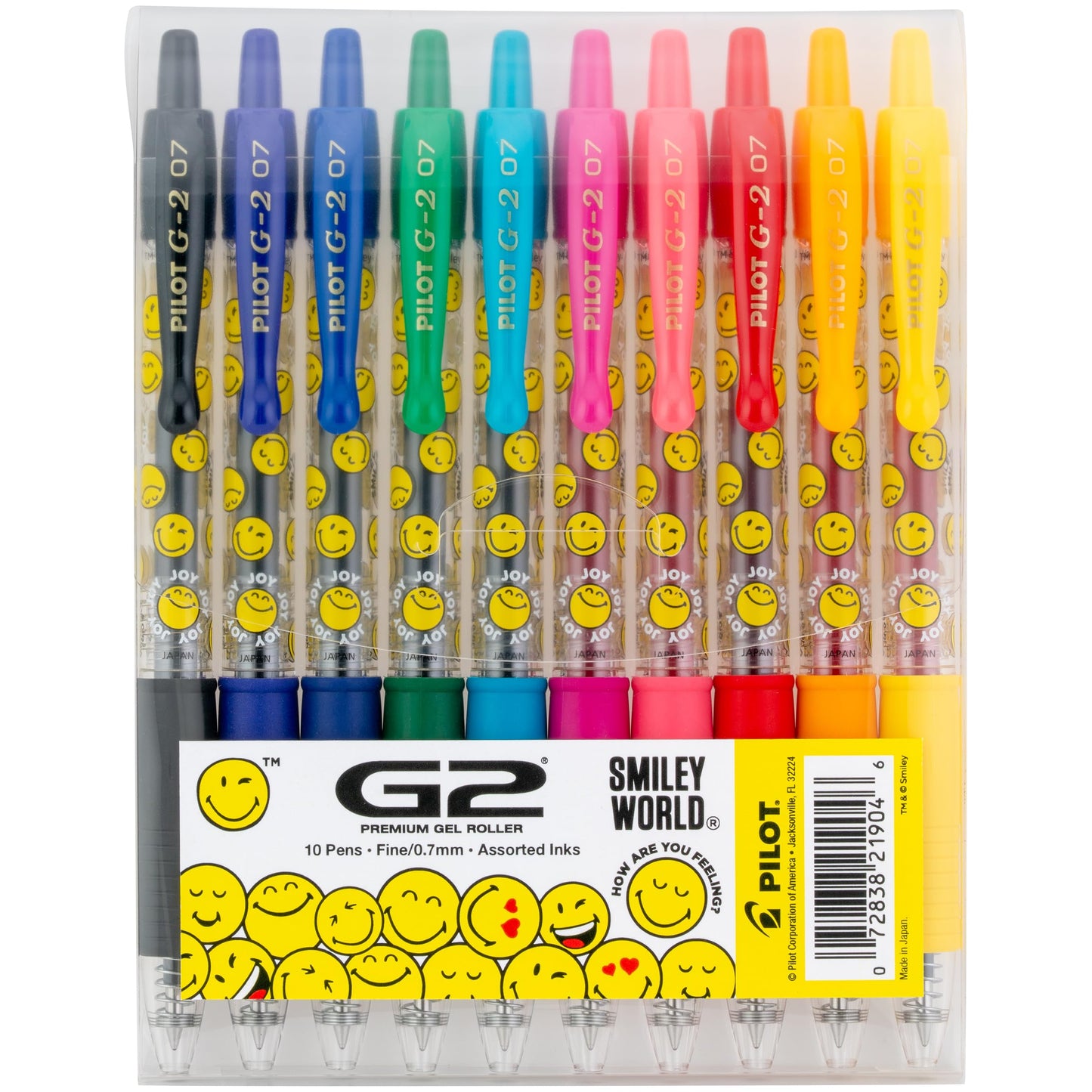 PILOT, G2 Premium Gel Roller Pens, G2 SmileyWorld Collection, Write Happier, 10 Pack Pouch, Fine Point 0.7 mm, Assorted
