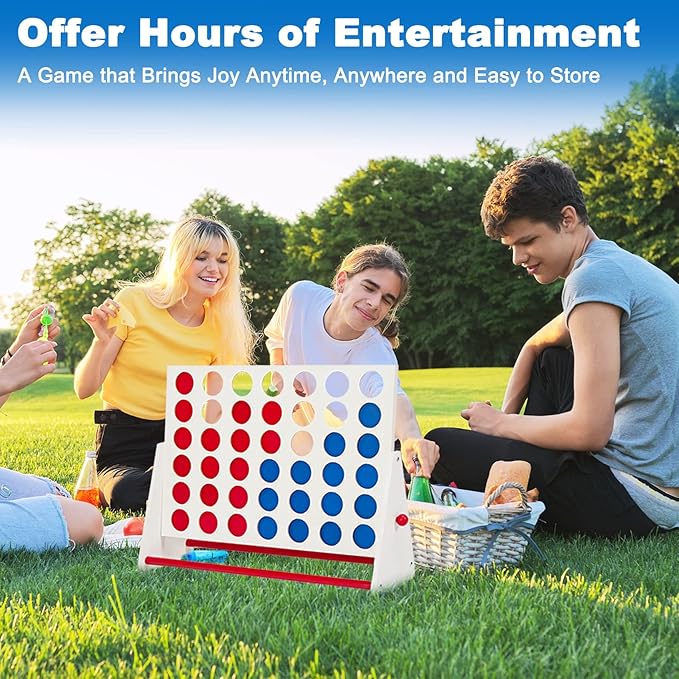 ApudArmis Portable Wooden 4 in a Row Game Classic Wooden 4-to-Score Game Set with Coins &amp Carrying Bag-Indoor Outdoor Connect Games for Teens Adults Family