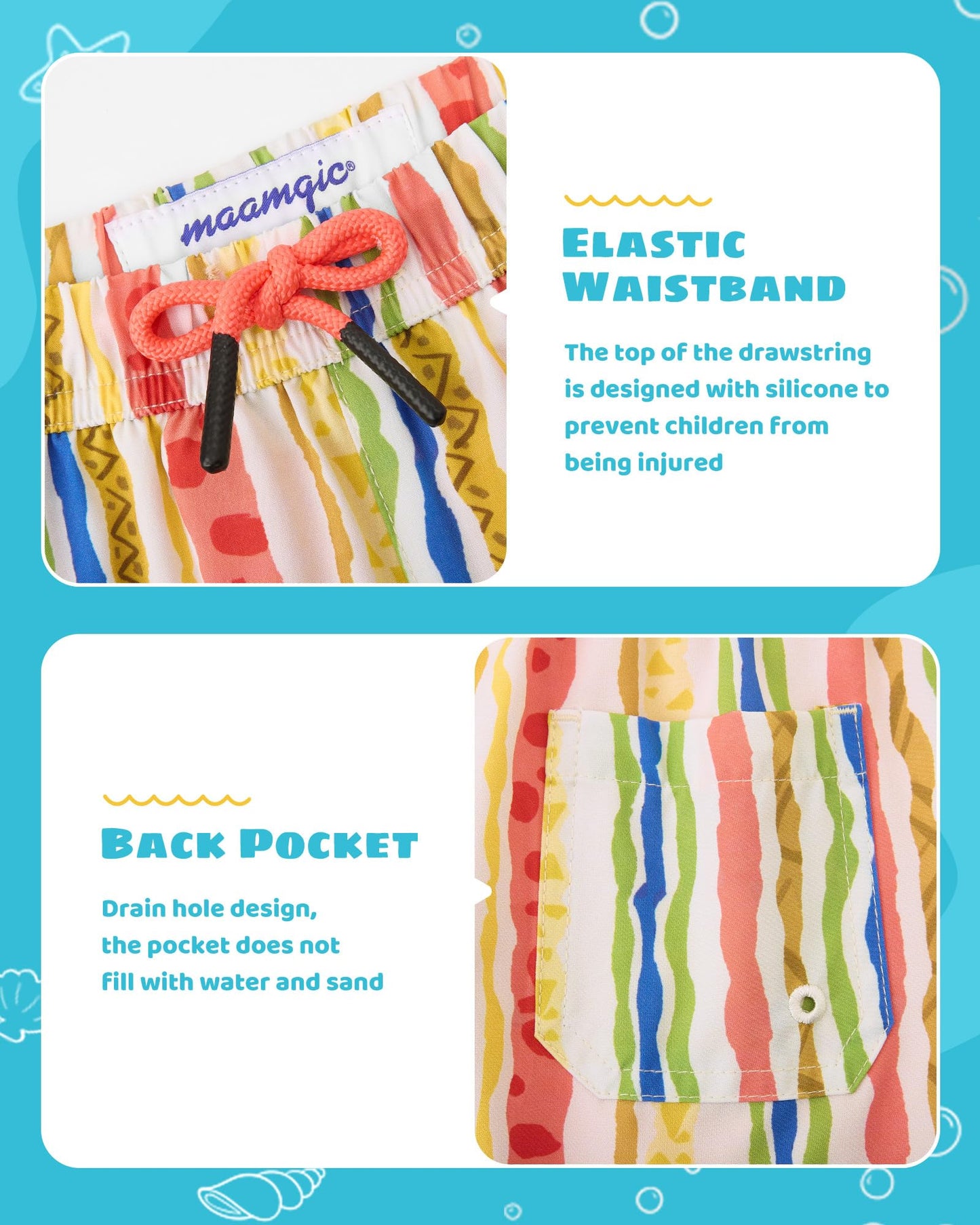 maamgic Boys Swim Trunks with Compression Liner Toddler Stretch Swim Shorts Quick Dry Swimming Trunks Boxer Brief 2 in 1 Beach Shorts Playful Stripes 14/16