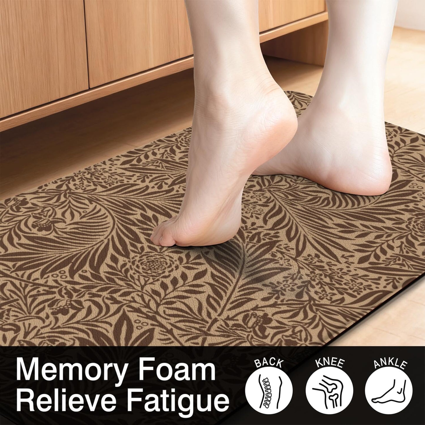 Tropical Palm Leaf Anti Fatigue kitchen Rug and Mat Non Slip Comfort Washable Waterproof Brown botanical Kitchen decor Mat, Ergonomic standing Rug Set of 2 for Home, Sink, Laundry, 17.3"x47"+17.3"x30"