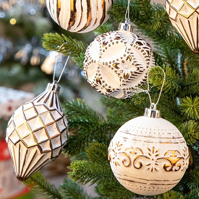 16PCS Shatterproof Christmas Ball Ornaments Set, Hand-Painted Holiday Decor with Assorted Sizes & Designs for Christmas Tree Thanksgiving Party Decoration, Bronze-White