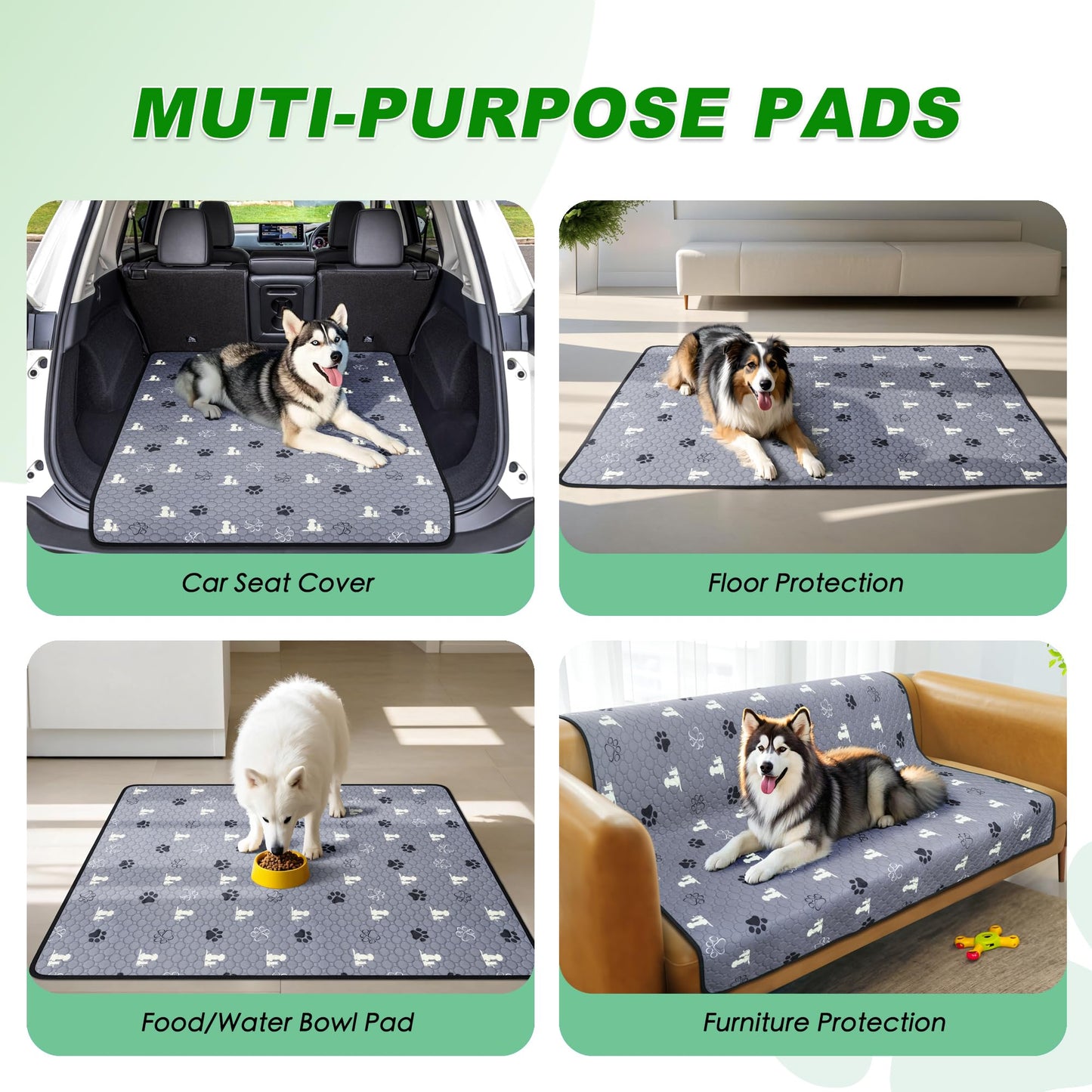 WanpeeGoo Washable Pee Pads for Dogs Mat, 2 Pack Absorbent Reusable Training Dog Pads Pet Puppy Pads, Non-Slip Potty Pads for Whelping, Playpen, Crate, Bed, Grey 24"x36"