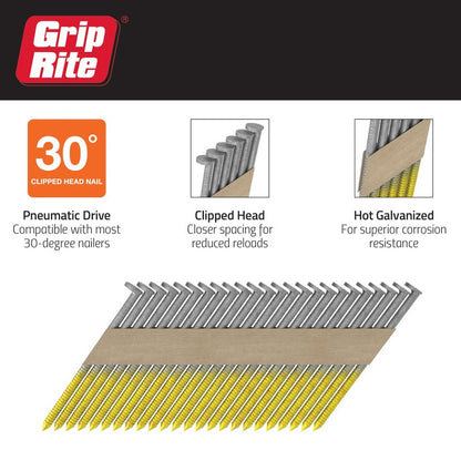 Grip Rite Prime Guard GRP8RH1 30 Degree Paper Tape Offset Round Head Bright Coated Collated Framing Nails, 2-3/8" x 0.113"