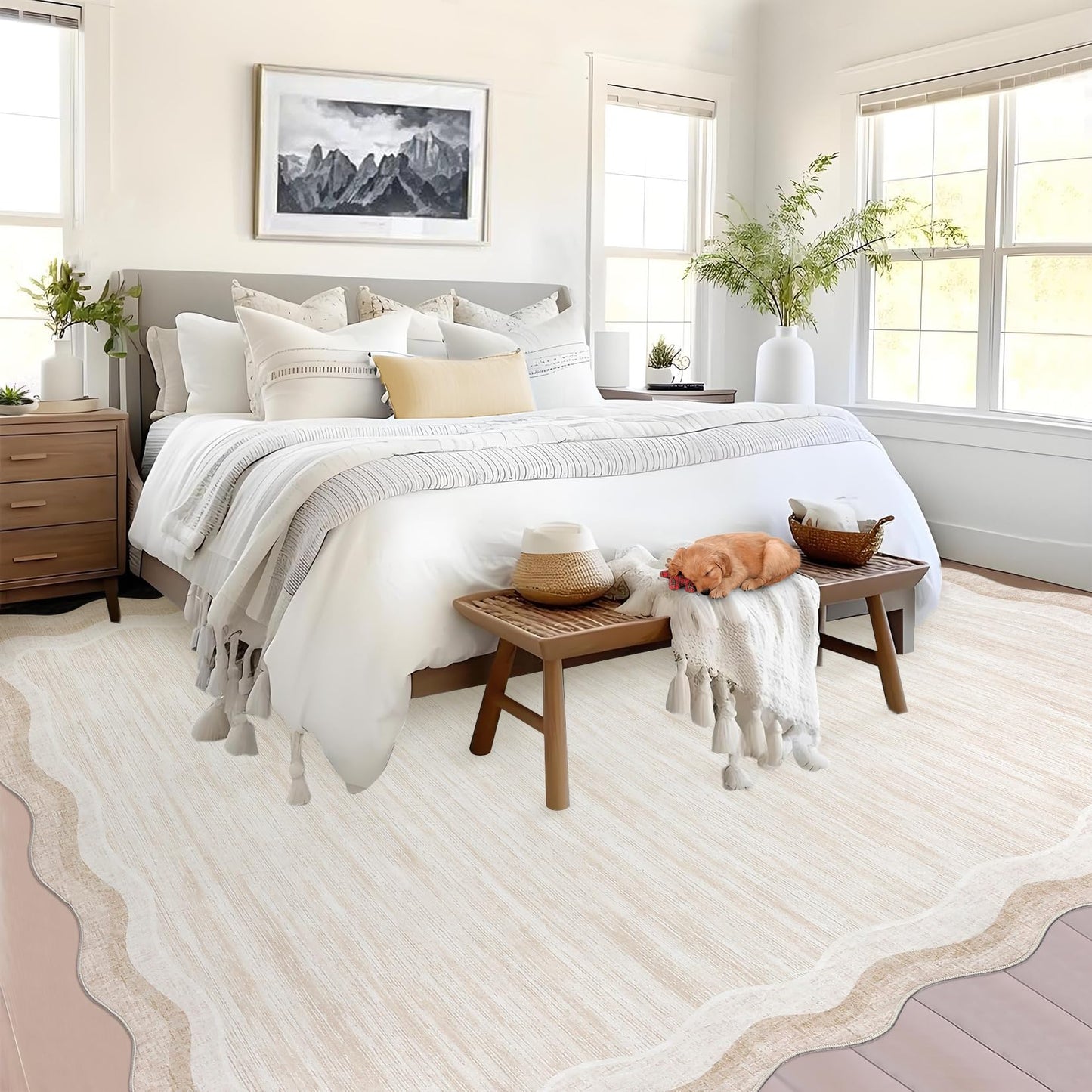 GarveeHome Washable Rugs 8x10 Scallop Solid Living Room Rug Scalloped Rug with Non-Slip Backing, Stain-Resistant Low Pile Easy Cleaning Rugs, Soft Modern Carpet for Bedroom Playroom Nursery,Beige