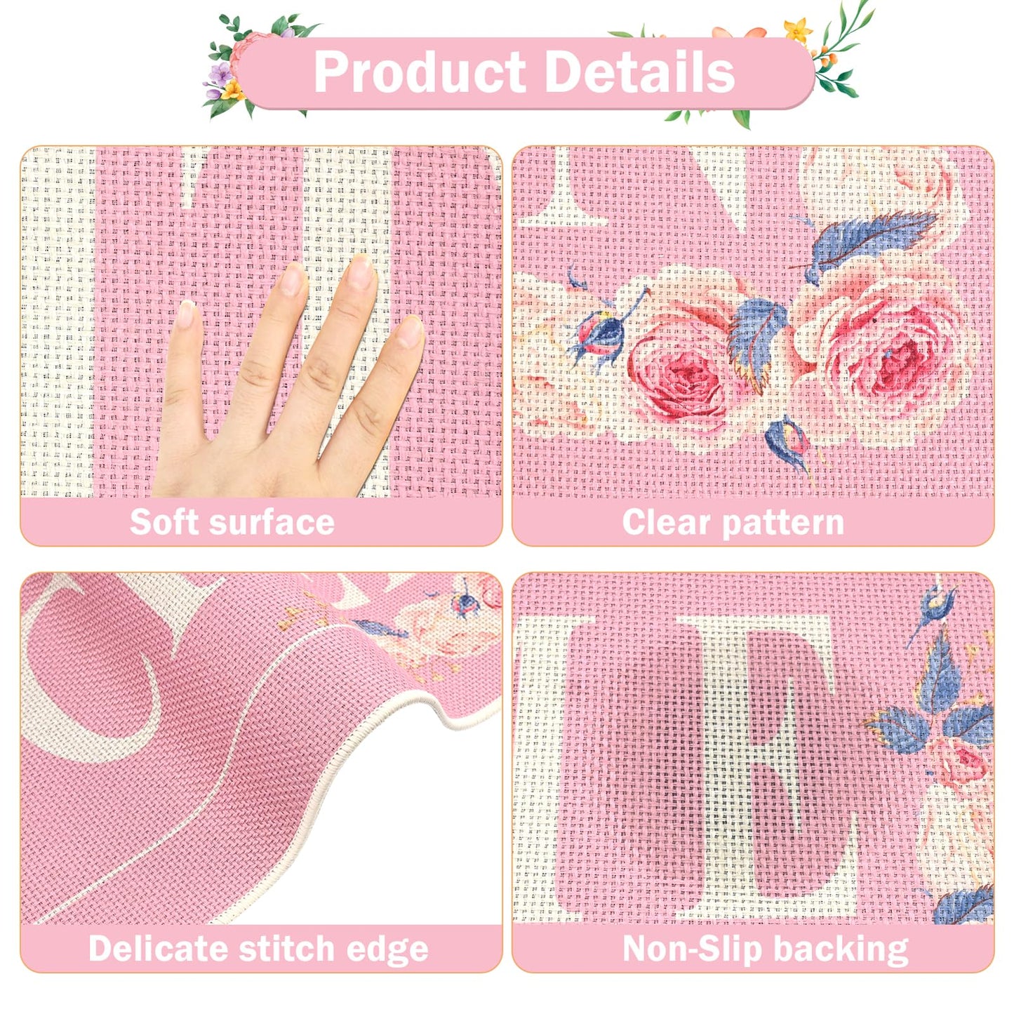 PCSWEET HOME Pink Floral Kitchen Rugs Mats for Floor 3PCS, Farmhouse Non Slip Kitchen Rug Runner, Washable Non Skid Kitchen Rugs, Comfort Standing Mat for Laundry, Desk, Bar, Office
