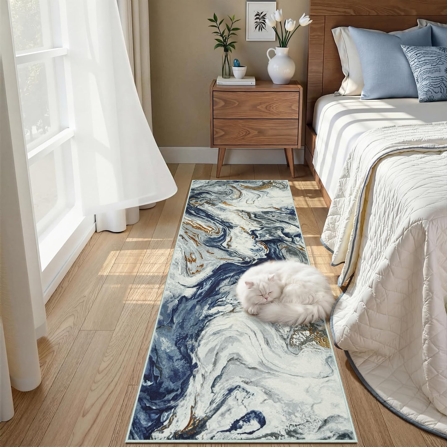 Hallway Runner Rug 2x8, Blue Washable Rug for Bedroom, Non Slip Soft Marble Kitchen Rugs, Abstract Low Pile Entryway Rugs, Stain Resistant Runner Carpet for Laundry Room Bathroom Closet