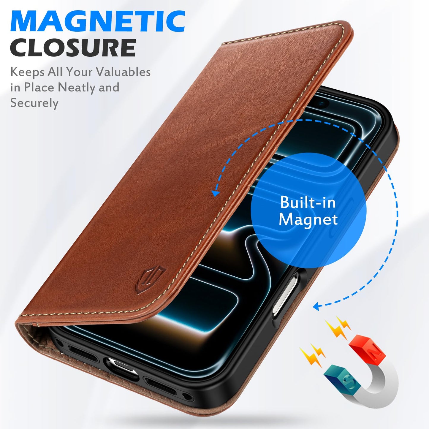 SHIELDON Genuine Leather Case Wallet for iPhone 17 6.3-inch 5G 2025 | Foldable, Magnetic Closure, Kickstand, RFID Blocking Credit Card Holder, Shock-Absorbent Phone Cover - Retro Brown