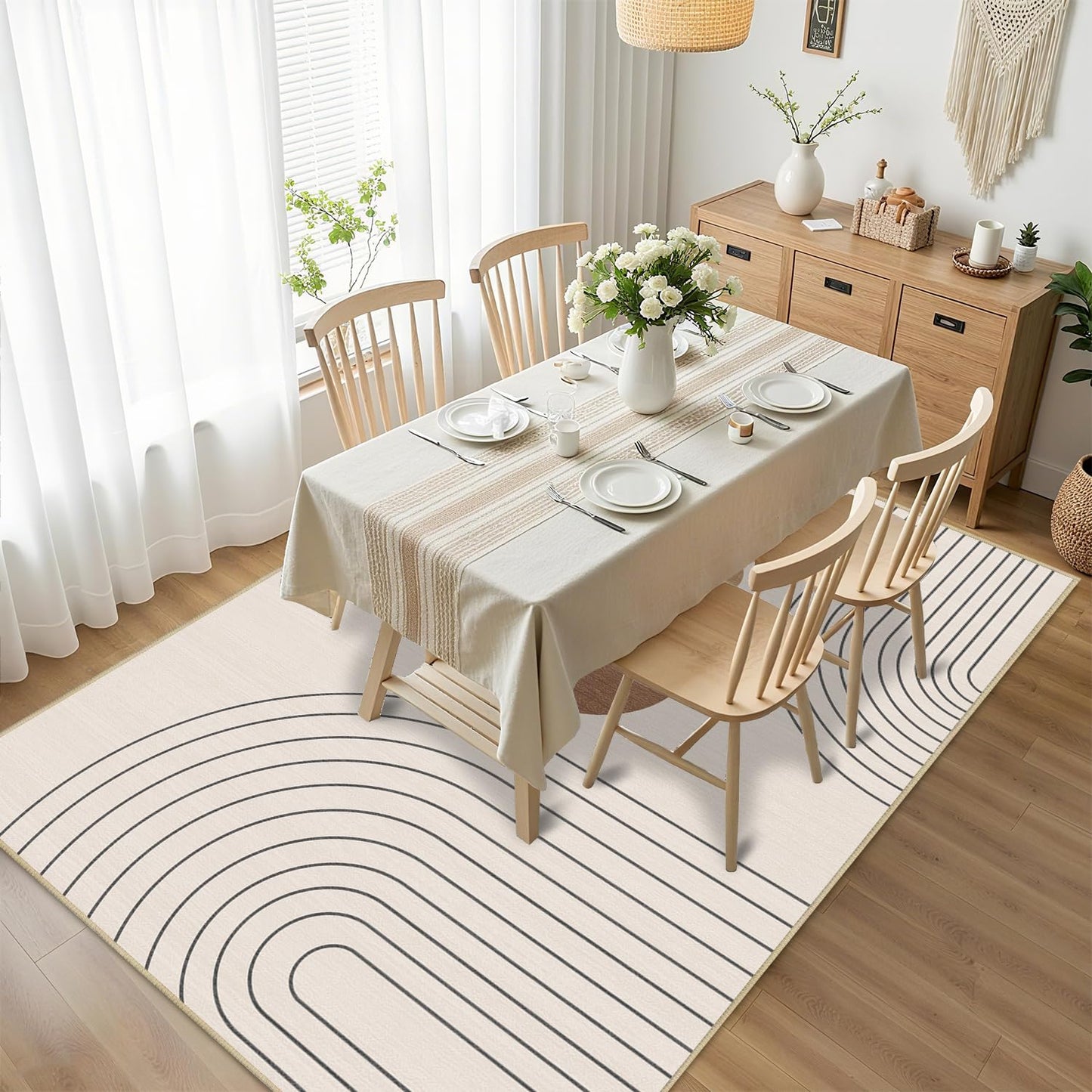 Boho Rug 3x5 Modern Geometric Minimalist Abstract Line Area Rug for Entryway Living Room Neutral Beige Mid Century Modern Machine Washable Non-Slip Printed Low-Pile Floor Carpet for Kitchen Bedroom