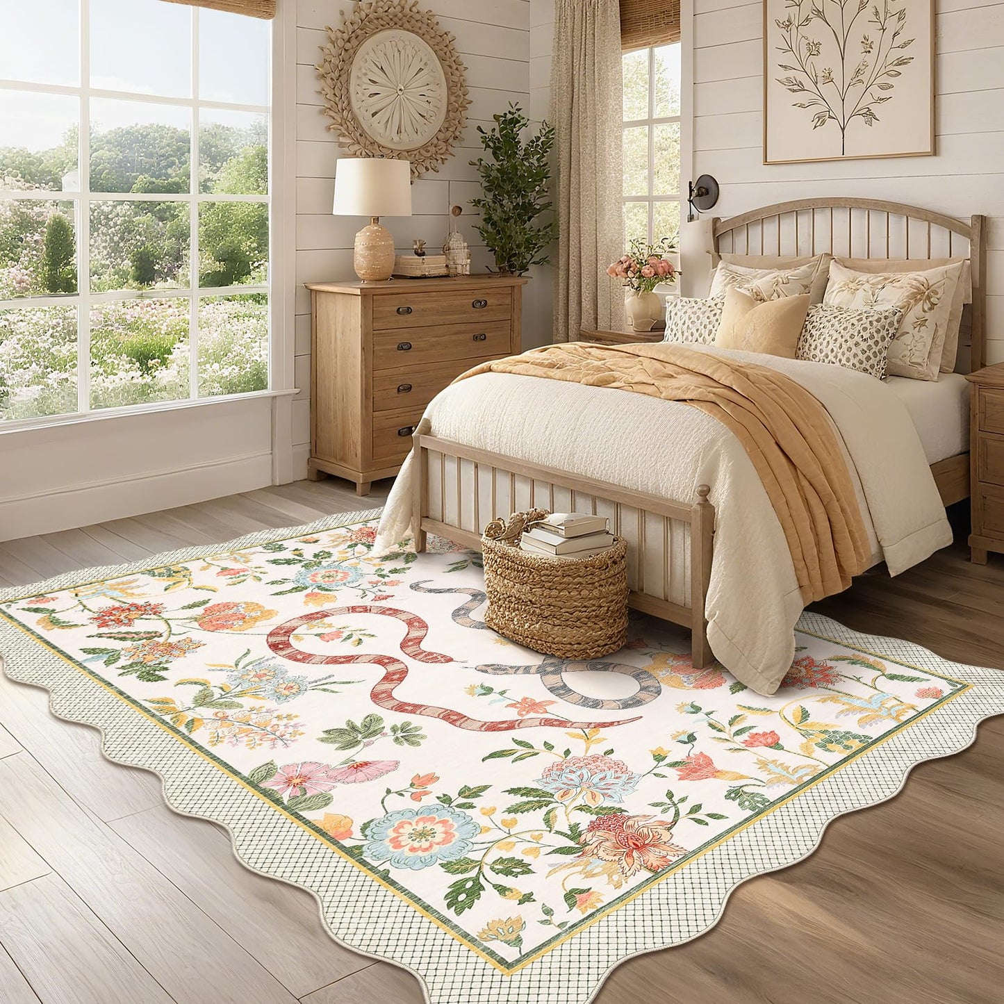 LUXLOOM Large Scalloped Area Rug Washable 10x13 Modern Floral Living Room Rug Soft Non Slip Low Pile Indoor Carpet Stain Resistant Flower Animal Patter Carpet for Playroom Beige