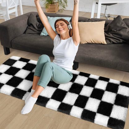 MondayRug Soft Fuzzy Fluffy Rug for Bedroom Living Room Black and White Checkered Rug Shag Runner 2x6 Ft Hallway Runner Plush Shaggy Carpet Non Slip for Bedside Sofa Home Dorm