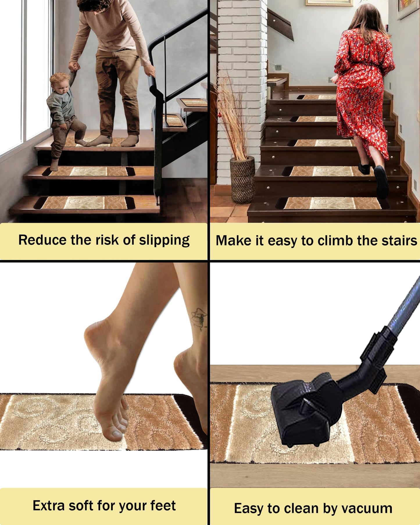 Gloria Rug High Pile Skid-Resistant Rubber Backing Gripper Carpet Stair Treads - Washable Stair Mat (Set of 7), 8.5" x 26" (2203 BGE)…