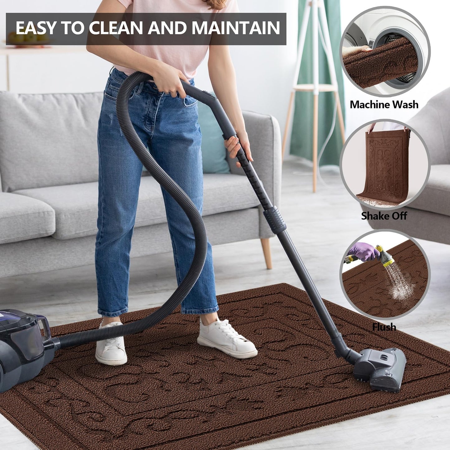 FONEYI Indoor Door Mat for Entryway 24" x 36", Absorbent Dirt Trapper Doormat with Non-Slip Backing, Low Profile Washable Entry Rug for Front Door, Muddy Shoes & Dog Paws, Coffee