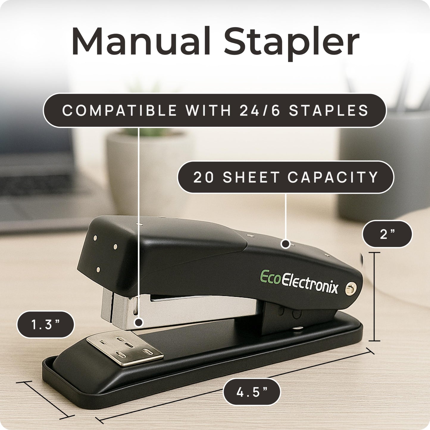 EcoElectronix Portable Stapler Bundle - 30 Sheet Capacity, Quiet Operation, Jam-Free and Easy Reload - AC Adapter/Battery Powered