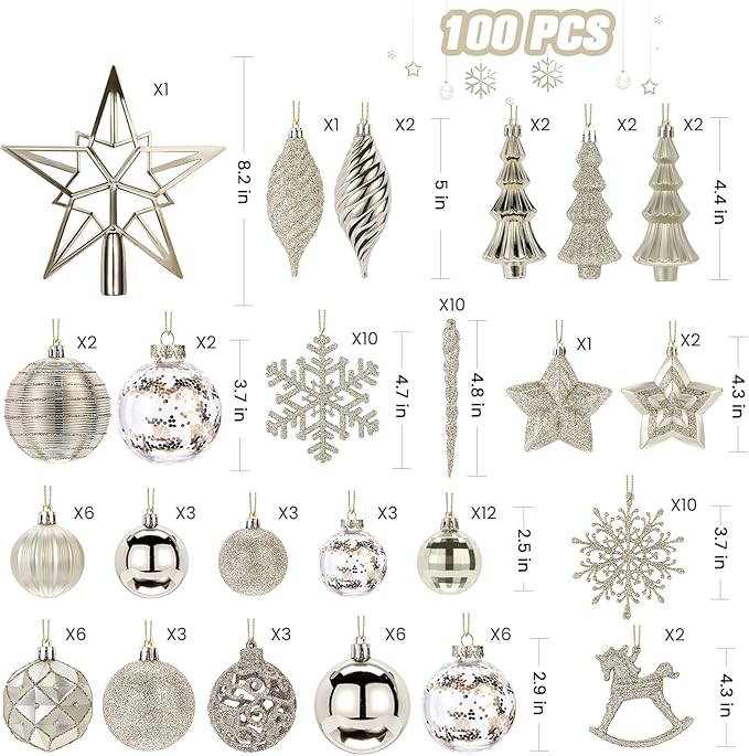 SHareconn 100pcs Christmas Tree Decorations Ornaments Set, Shatterproof Plastic Baubles Decorative Balls for Xmas Tree Decor Holiday Wedding Party, ChampagneGold