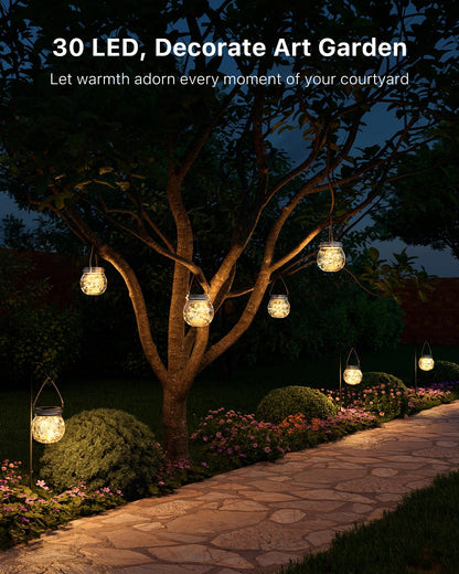 2 Pack Solar Crackled Glass Globe Lights Outdoor Waterproof Hanging Round Balls Lanterns with Warm White LED, Decorative for Outside Trees Garden Patio Yard, Individually Packaged and Double-Sealed