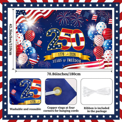 250th Anniversary American Backdrop, 4th of July Party Decorations,1776-2026 250th Birthday Fabric Banner with Grommets, Independence Day Decorations for Outdoor, Indoor, Yard, Garden, Porch