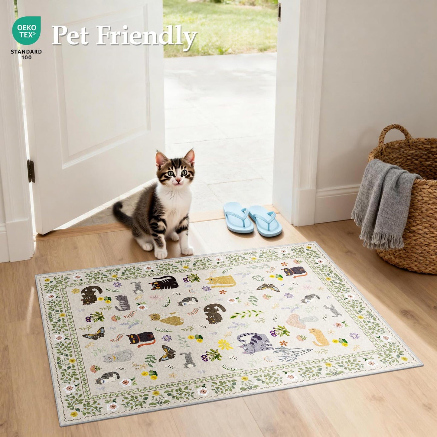 Small 2x3 Area Rugs for Entryway: Washable Kitchen Runner Rug Non Slip Soft Low Pile Animal Cat Carpet Rugs with Rubber Backing Waterproof Door Mats for Indoor Bathroom Bedroom Kids Room (2x3, Beige)