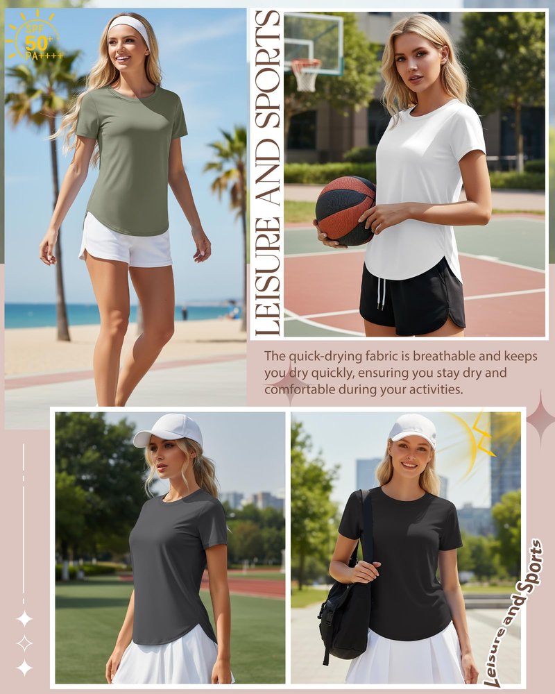 Locoowai 4 Pack Women's Workout Shirts UPF 50+ Athletic Breathable Short Sleeve Tops Quick Dry Split Hem Running Gym Yoga Tee(White,Black,Dark Gray,Grey Green,X-Large)