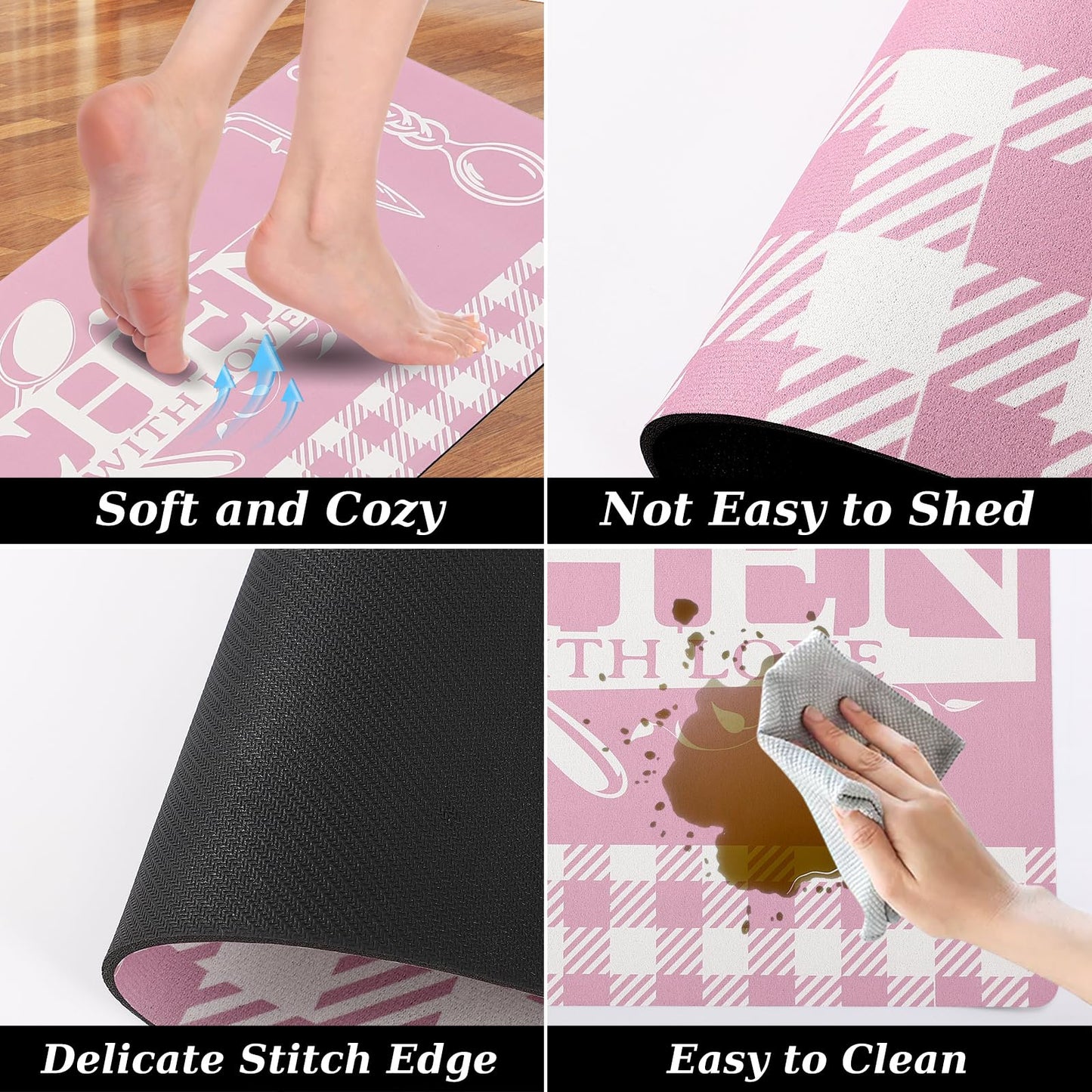 Pink Kitchen Mats for Floor, 3 Pieces Non Slip Cushioned Kitchen Runner Rugs with Grid Design, Waterproof Comfort Mat Farmhouse Chef Runners Carpet for Sink, Bathroom