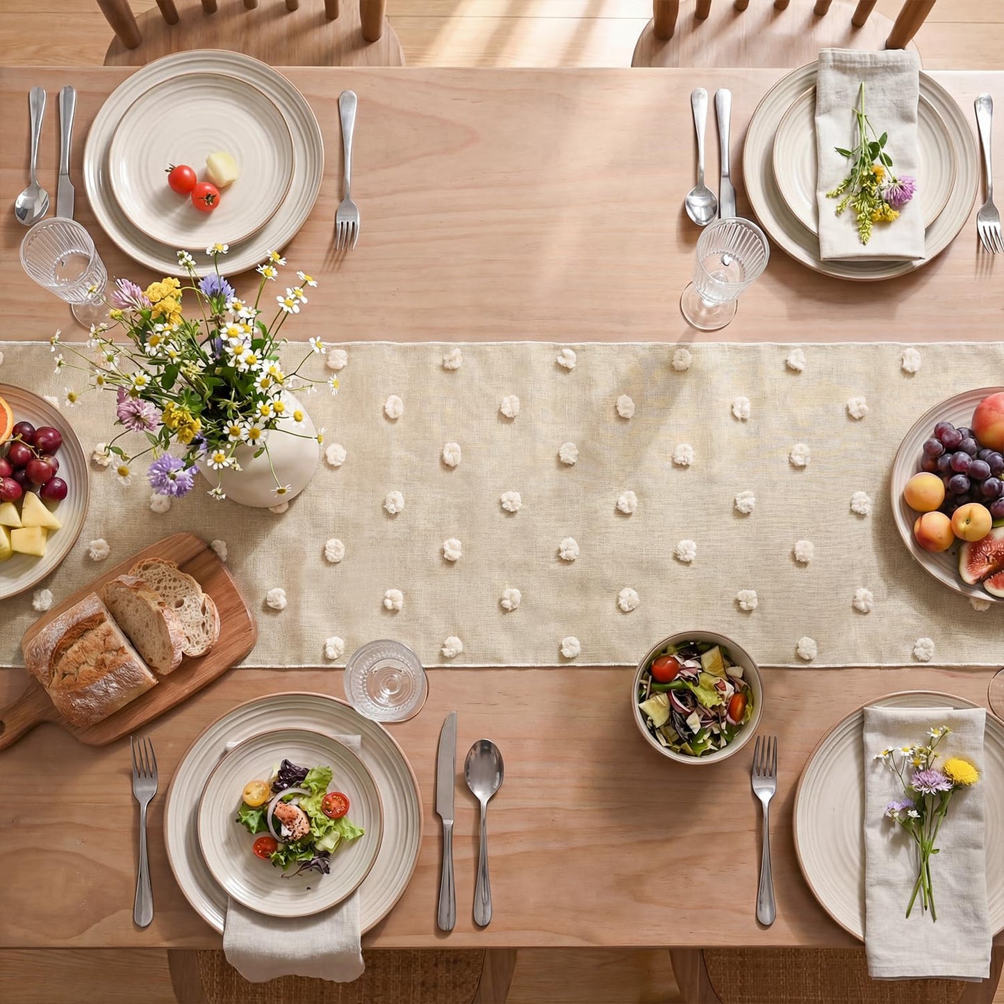 Artoid Mode Champagne Pom Pom Tulle Table Runner, Seasonal Washable Kitchen Dining Table Decoration for Home Party Decor 12x72 Inch