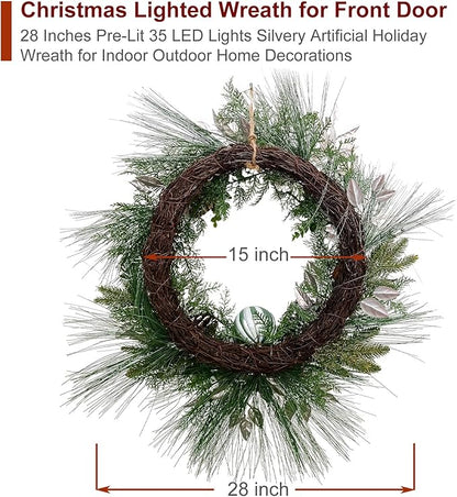 Christmas Lighted Wreath for Front Door, 28 Inches Pre-Lit 35 LED Lights Silvery Artificial Holiday Wreath with Silver Ornaments for Indoor Outdoor Home Decorations
