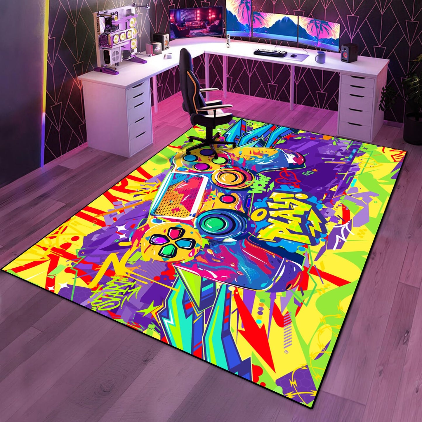 Gaming Area Rug Teen Boys Carpet, Colorful Graffiti Gamepad Graffiti Background Game Controller Design for Game Room, Boys Girls Bedroom Playroom, Living Room (Graffiti, 79" x 59")
