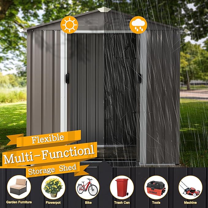 Shintenchi 6x4 FT Outdoor Storage Shed with Window, Lockable Outdoor Waterproof Tool Storage Sheds,Weather Resistant Tool Storage House Shed for Garden,Backyard,Patio Utility Tool Storage,Dark Gray