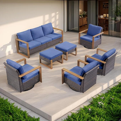 Rilyson Outdoor Wicker Patio Furniture Set - 7 Piece Patio Conversation Set with 4 Wicker Swivel Rocker Chairs,2 Rattan Ottoman and 1 Couch,Thick Cushions,Deep Seating,Wide Armrest(Brown/Blue)