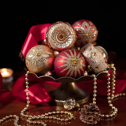 Valery Madelyn Glass Christmas Ornaments Set, 10ct Medium Red Gold Mercury Blown Glass Christmas Tree Ball Decorations, Luxury Hanging Teardrop Finial Faceted Reflector Decor