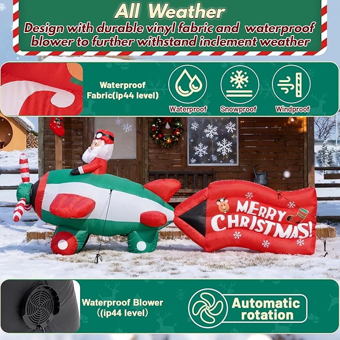 10.5FT Christmas Inflatables Santa on Airplane with Rotating Propeller & LED Lights, Blow Up Outdoor Indoor Decor for Christmas Yard Garden Party